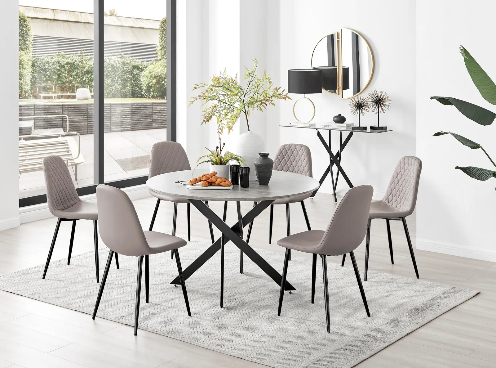 FurnitureboxUK Novara Grey Concrete Effect Black Leg 120cm Round Dining Table & 6 Corona Black Leg Chairs in Beige