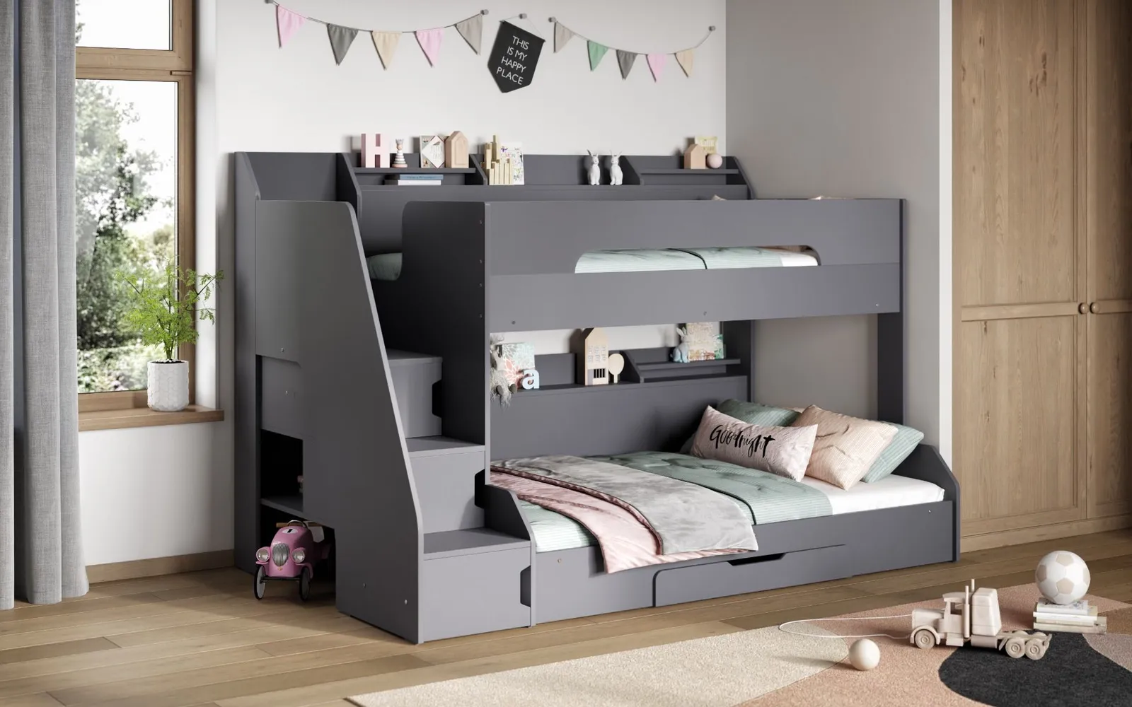 Flair Slick Staircase Triple Bunk Bed with Storage in Grey 2