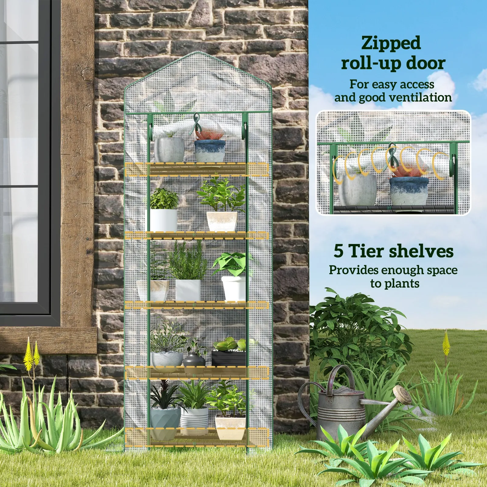 OUTSUNNY 5 Tier Mini Greenhouse Grow House w/ Roll Up Door, White/Green in White 6