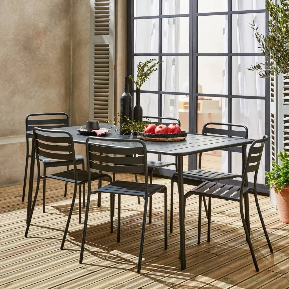 sweeek 6-8 Seater Rectangular Steel Garden Table With Chairs in Dark Grey