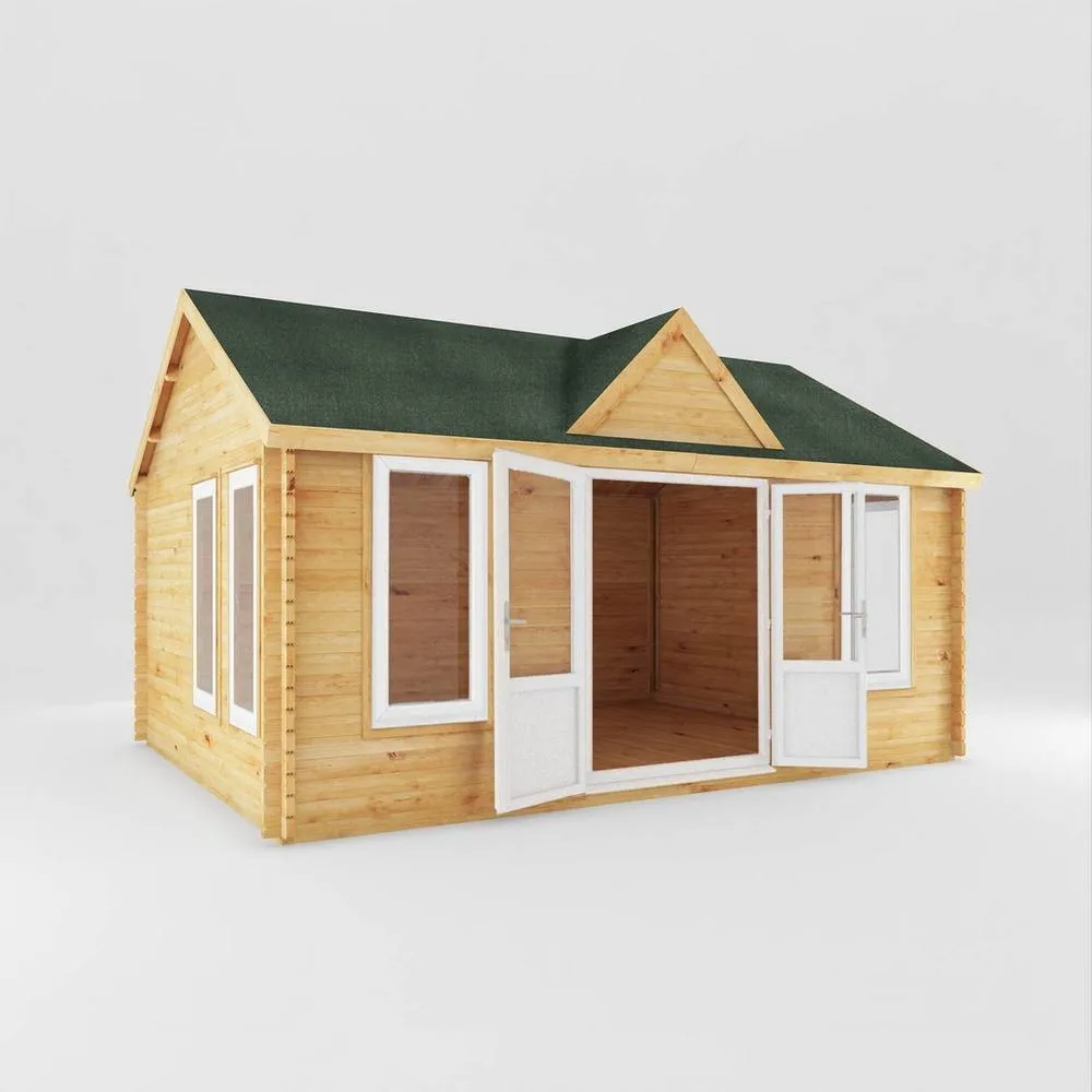 Mercia 5.3 x 4 m Clock Tower Log Cabin - 44 mm - White UPVC Windows & Door in Light Brown 2