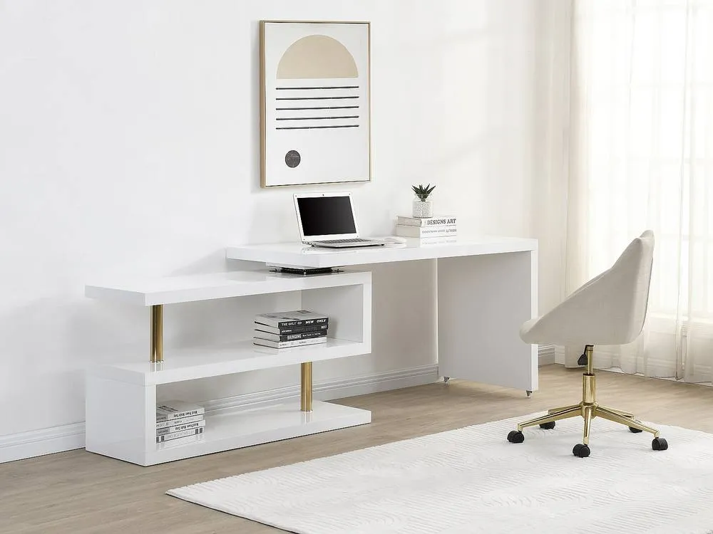 Vente-unique Extendable Desk With 360° Swivel Top - Lacquered MDF - White & Gold 6