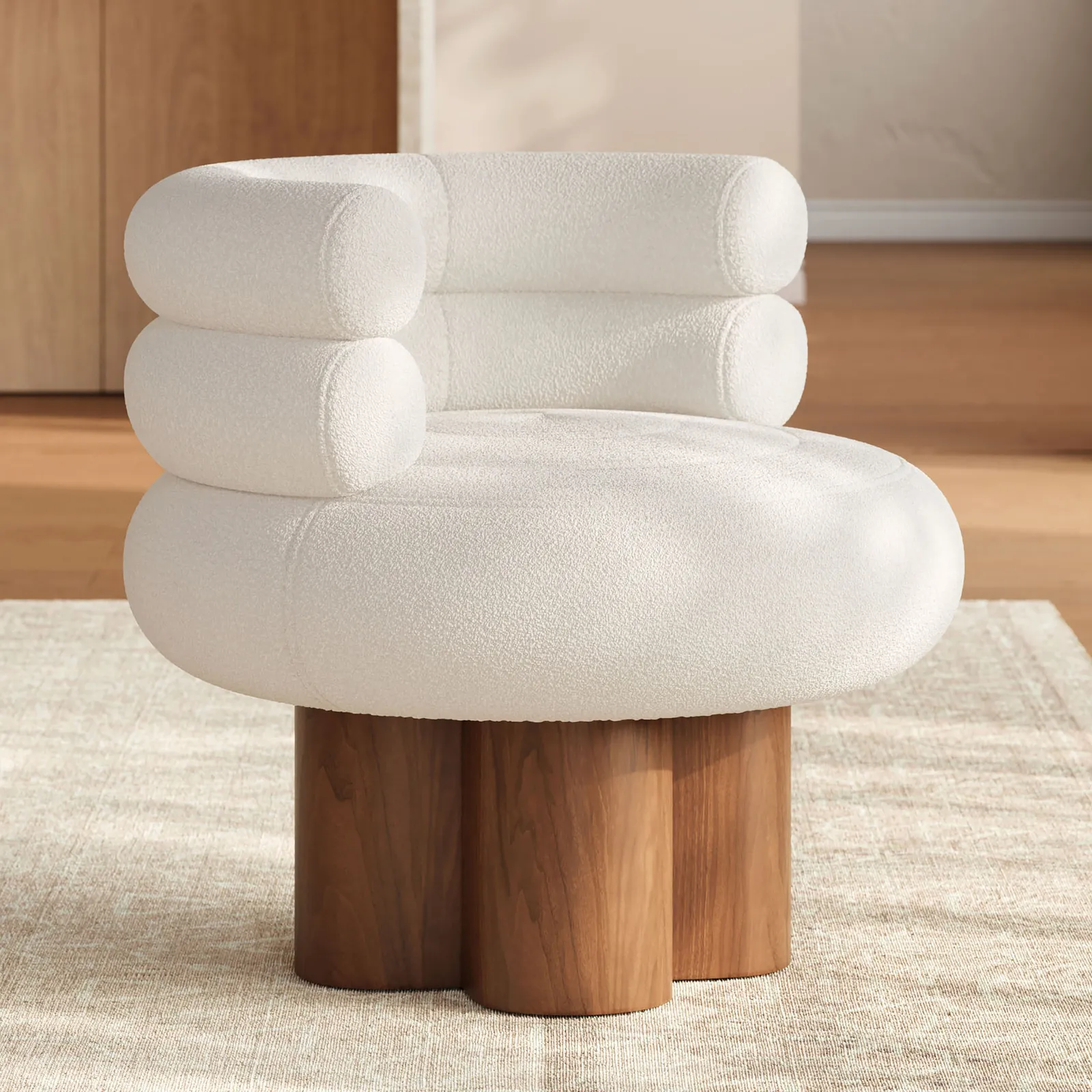 Swivel Solid Wood Base Accent Chair Boucle Armchair for Living Room in White