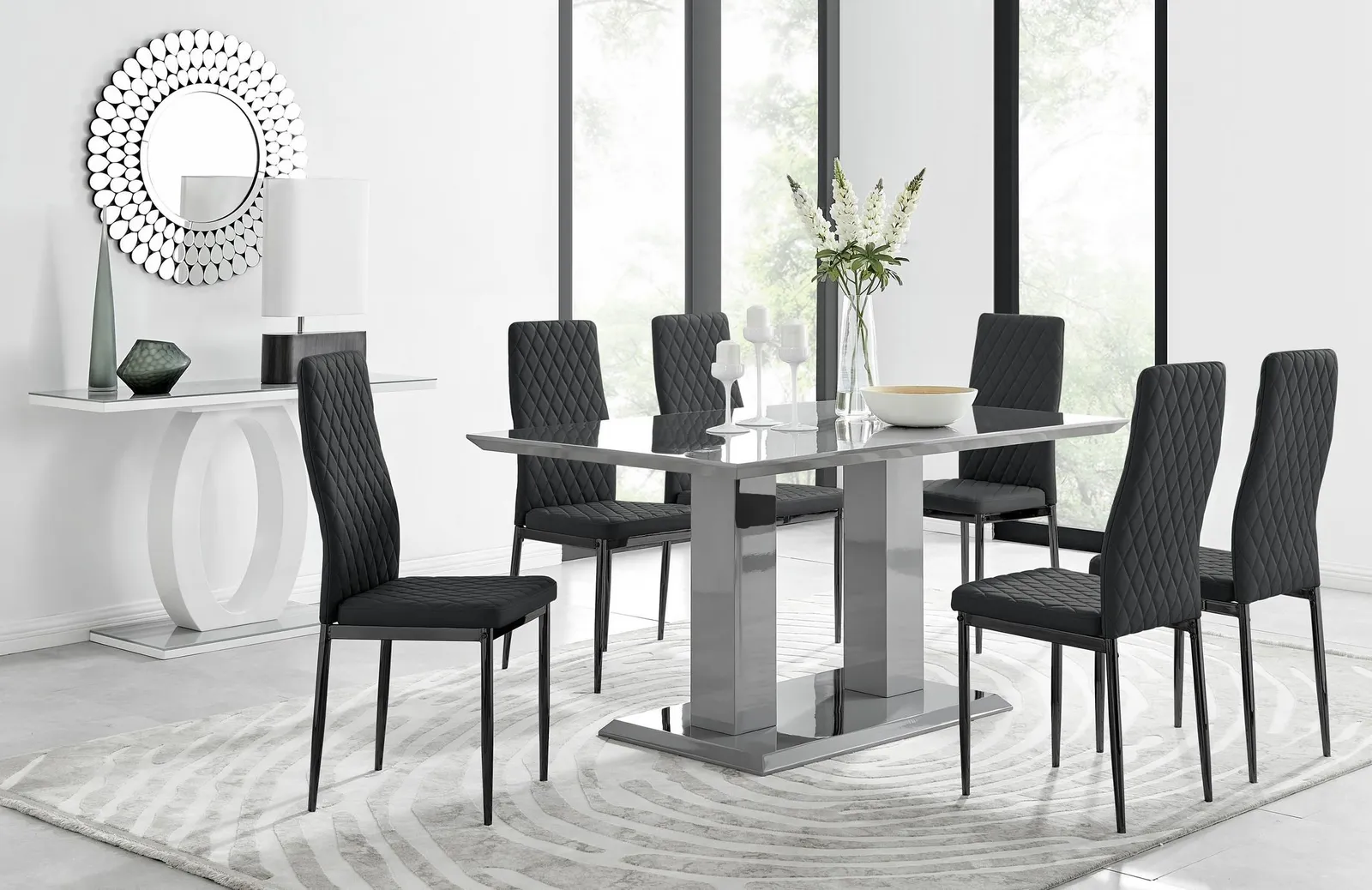 FurnitureboxUK Imperia 6 Grey Dining Table & 6 Milan Black Leg Chairs 1