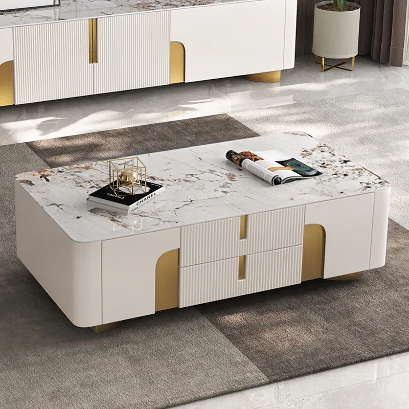 Artis Modern Beige Rectangle Large Coffee Table Drawers Sintered Stone Gold Base