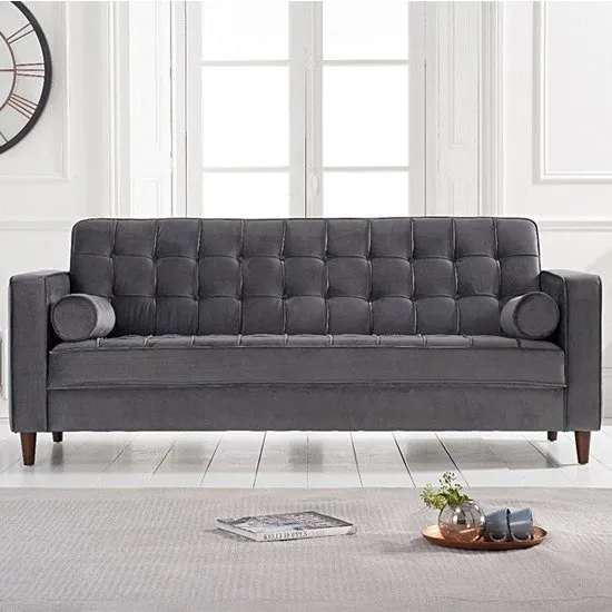 Revati Velvet Upholstered 3 Seater Sofa In Grey
