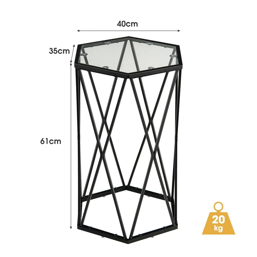 Costway Hexagonal Glass Coffee Table Metal Frame Sofa Side Table Modern End Table in Black 2