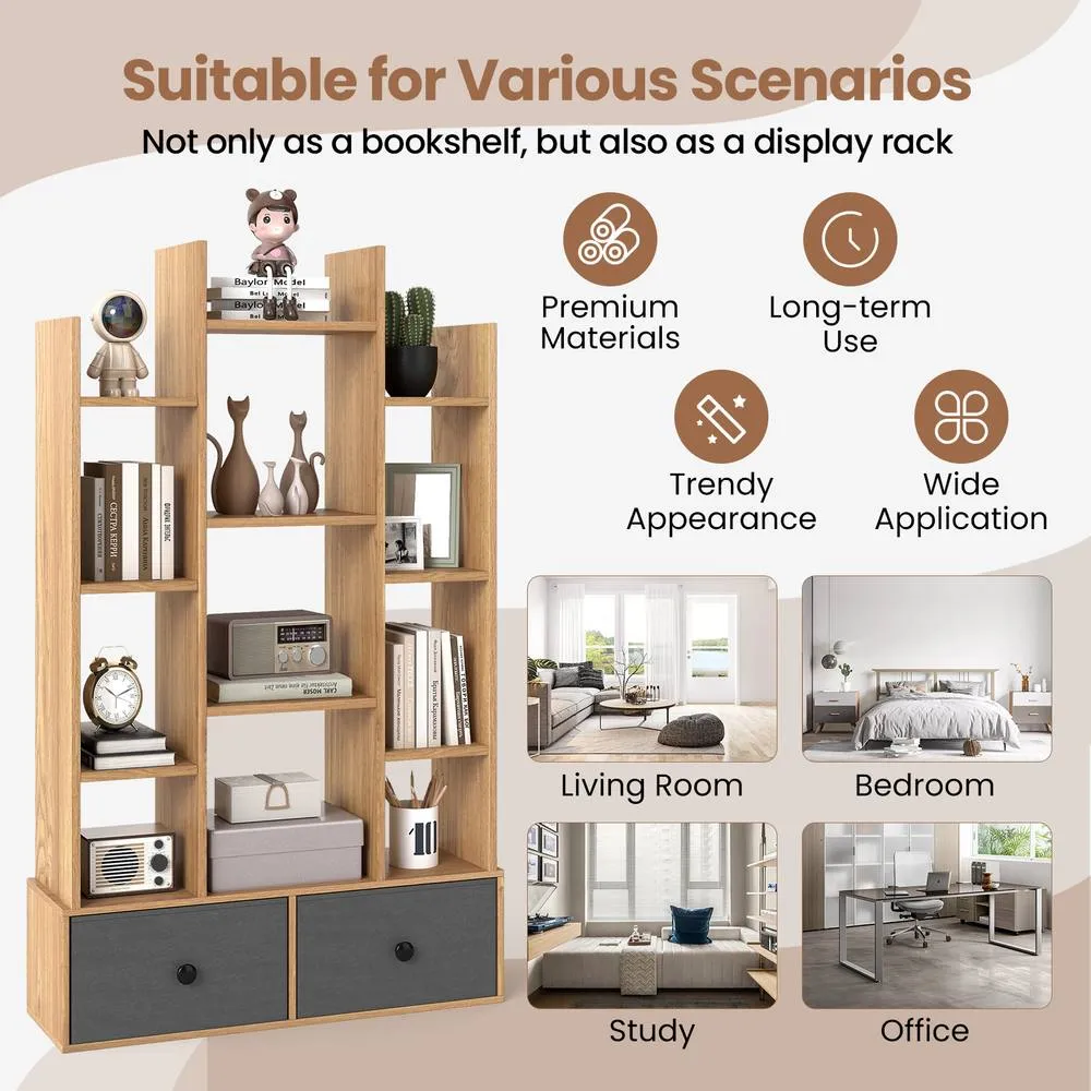 Costway 12 Tier Bookshelf Open Storage Wood Bookcase Organizer Display Shelf in Natural 6