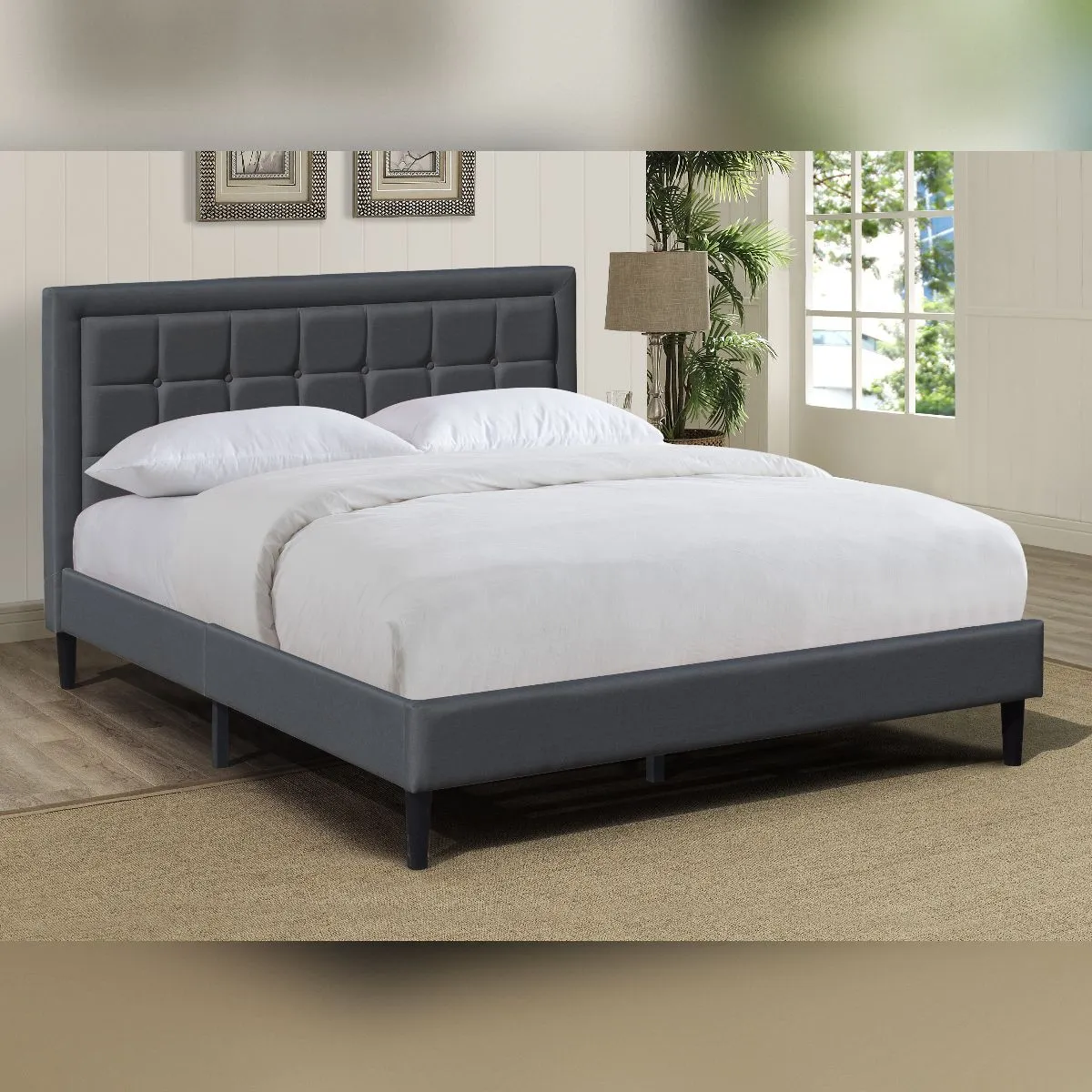 Comfy Living Ltd Fabric Bedframe With Buttoned Headboard in Dark Grey 1