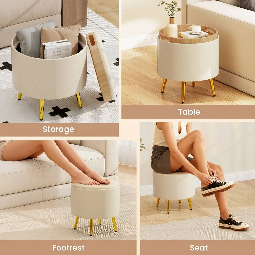 Costway Storage Ottomans Set of 2 Leather Upholstered Round Footrests in Beige 4