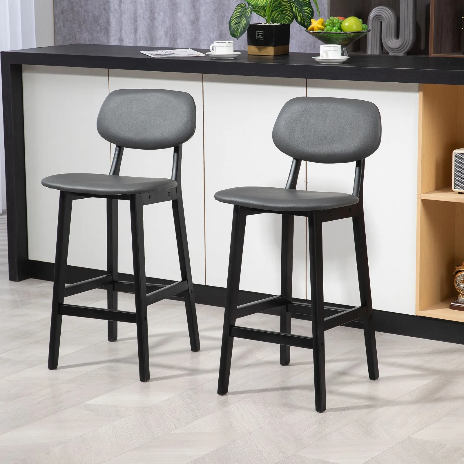 HOMCOM Breakfast Bar stools Set of 2 with PU Leather Cover, Wood Legs in Dark Grey