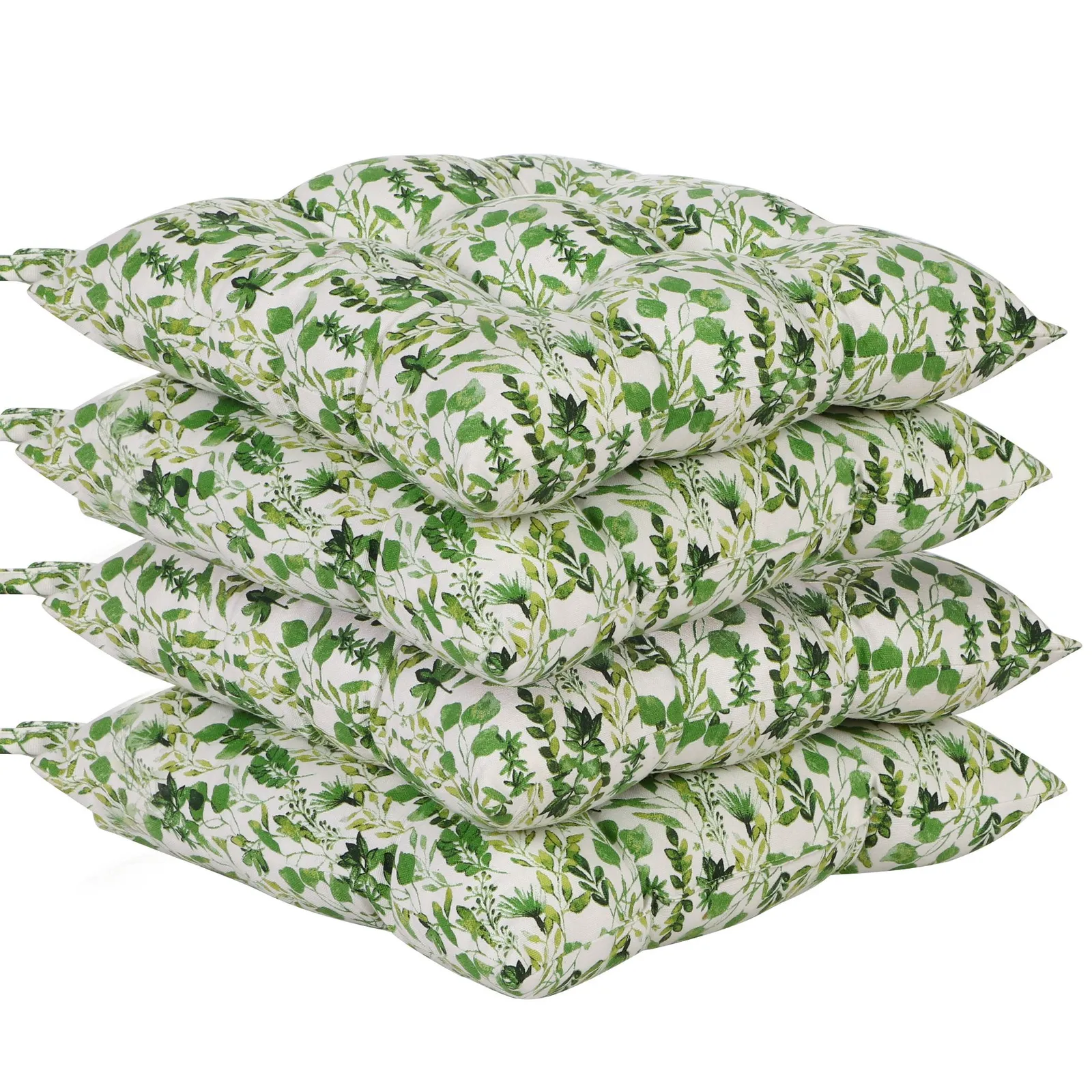 Dibor Set of 4 Green Leaf Print Cotton Outdoor Garden Chair Seat Pad Cushions L40cm x W40cm 2