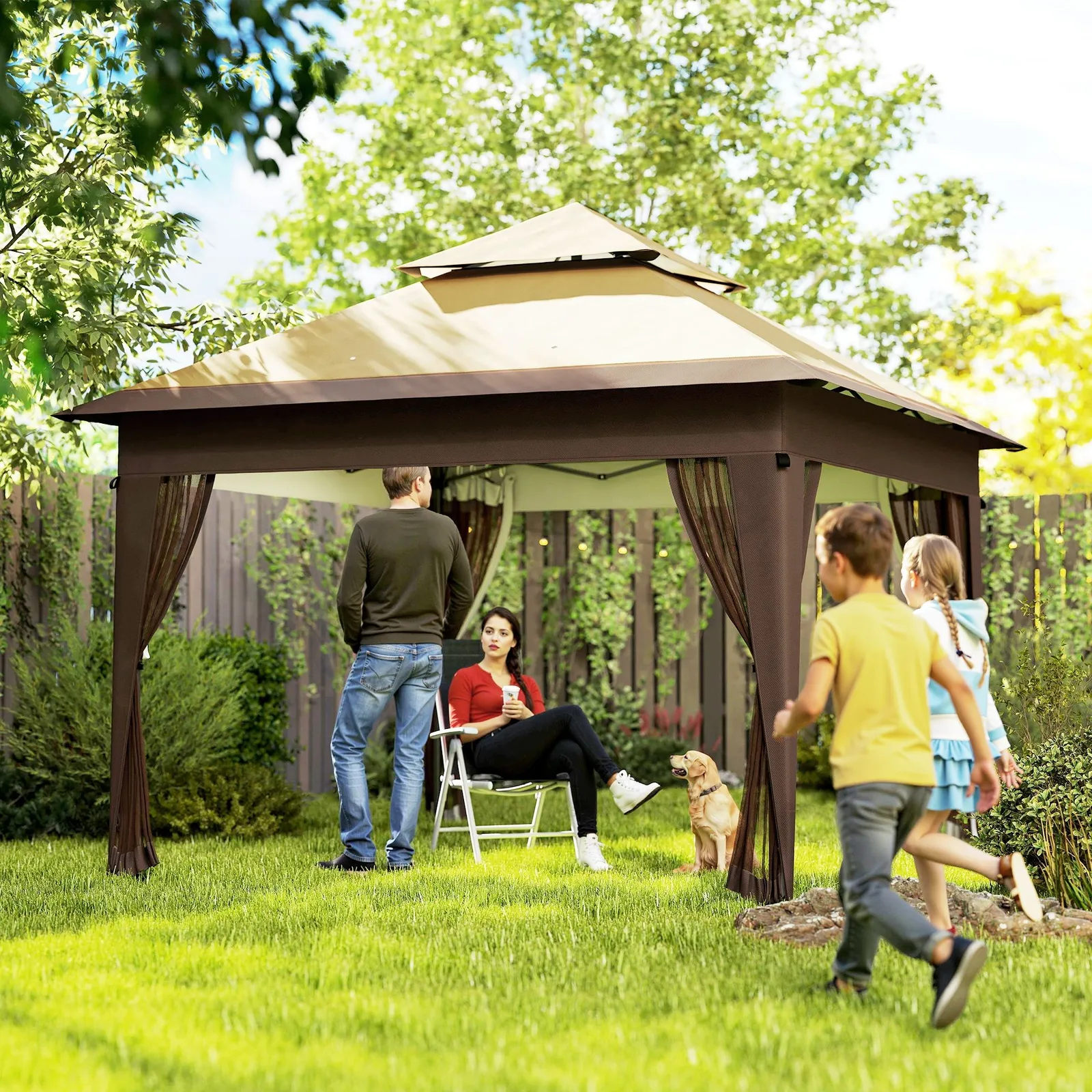 OUTSUNNY 3 x 3(m) Pop Up Gazebo, Instant Shelter with Mosquito Netting in Khaki