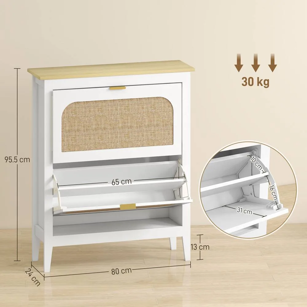 HOMCOM Boho Slim Shoe Cabinet with Rattan Doors, Holds 14 Pairs, White 3