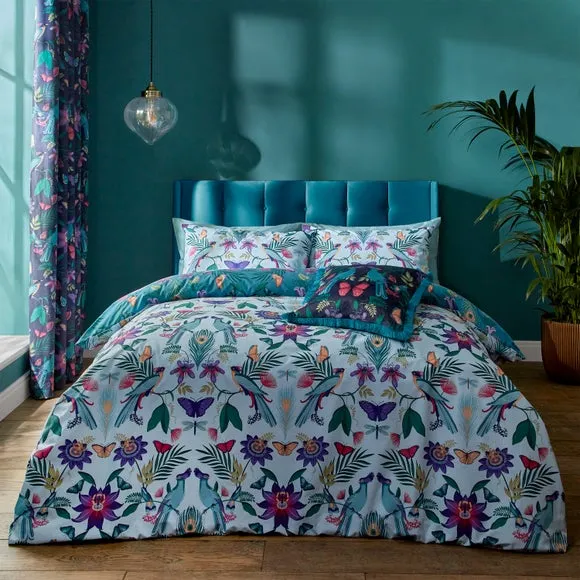 Catherine Lansfield Mya Tropical Floral Duck Egg Blue Duvet Cover and Pillowcase Set 1
