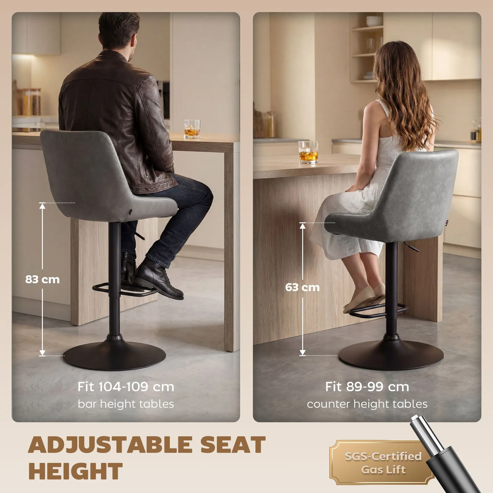 HOMCOM PU Leather Padded Bar Stools Set of 2 with Metal Base in Grey 4