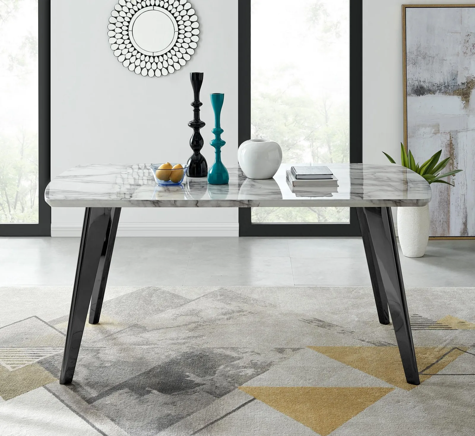 FurnitureboxUK Andria Marble Effect Dining Table With Black Legs & 6 Milan Velvet Black Leg Chairs 3
