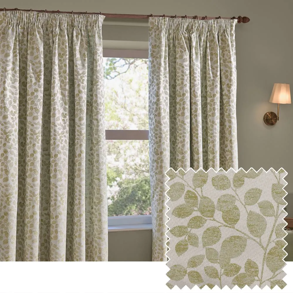 Wylder Grace Leaf Jacquard Fully Lined Pencil Pleat Curtain Pair in Pale Green 1