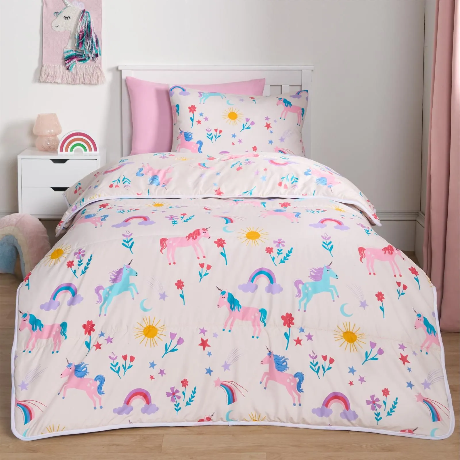 OHS Coverless 10.5 Tog Unicorn Duvet Pillowcase Quilt Travel Soft Bedding Set in Pink