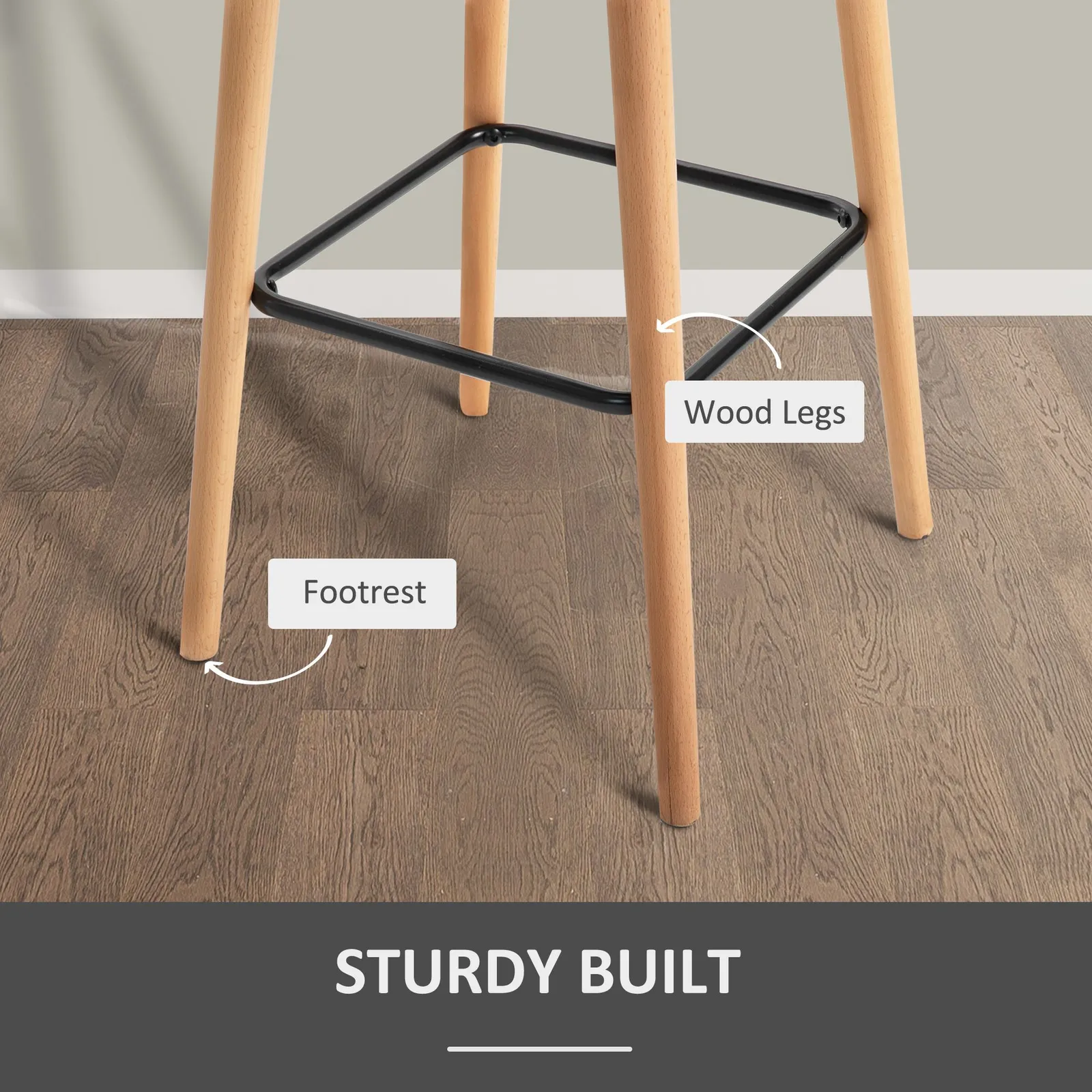 HOMCOM PCs Modern Upholstered Fabric Bucket Seat Bar Stools w/ Solid Wood Legs in Grey 6