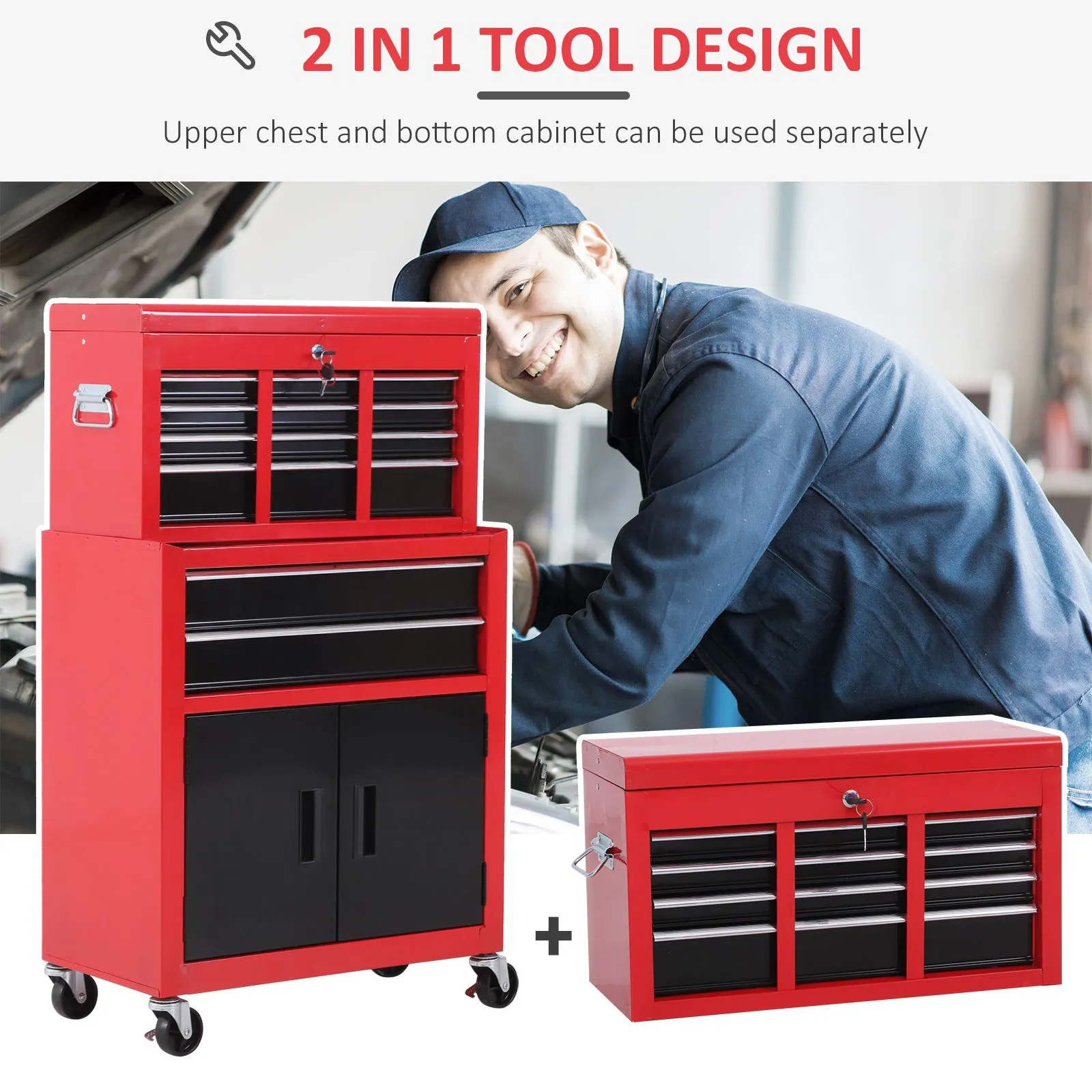 HOMCOM Portable Toolbox Tool Top Chest Box Rollcab Roll Cab Cabinet in Red 4