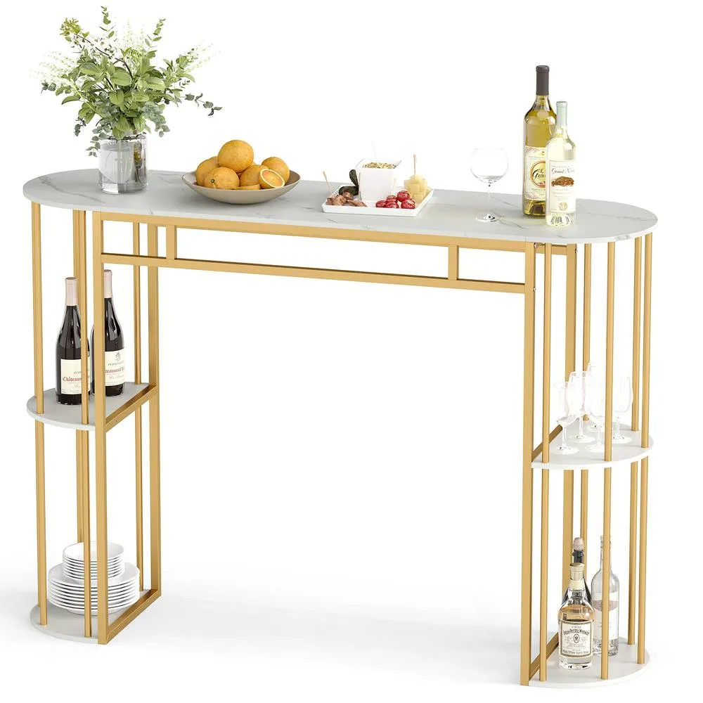 Costway 150cm Bar Height Table Pub Table w/ Faux Marble Tabletop &Shelves in White 6