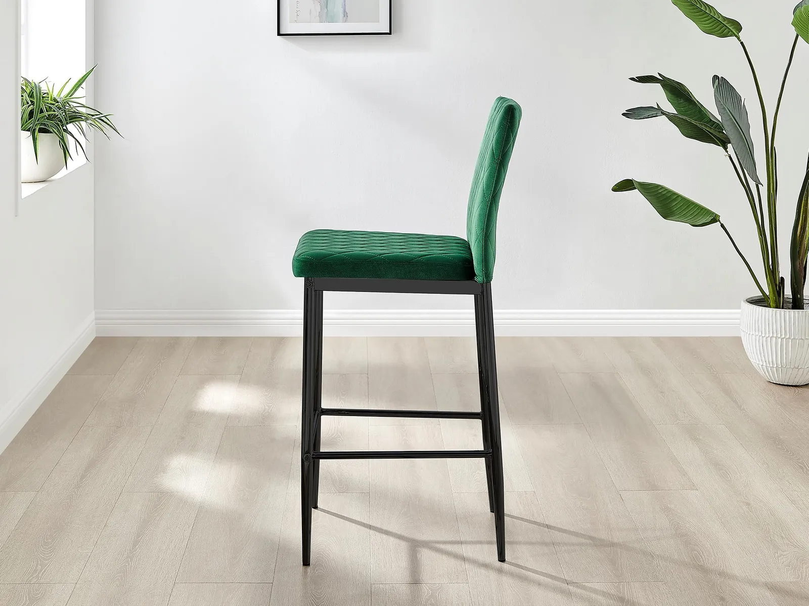 FurnitureboxUK Set of 2 Milan Soft Touch Hatched Velvet Padded Counter Stools With Black Metal Legs in Green 4