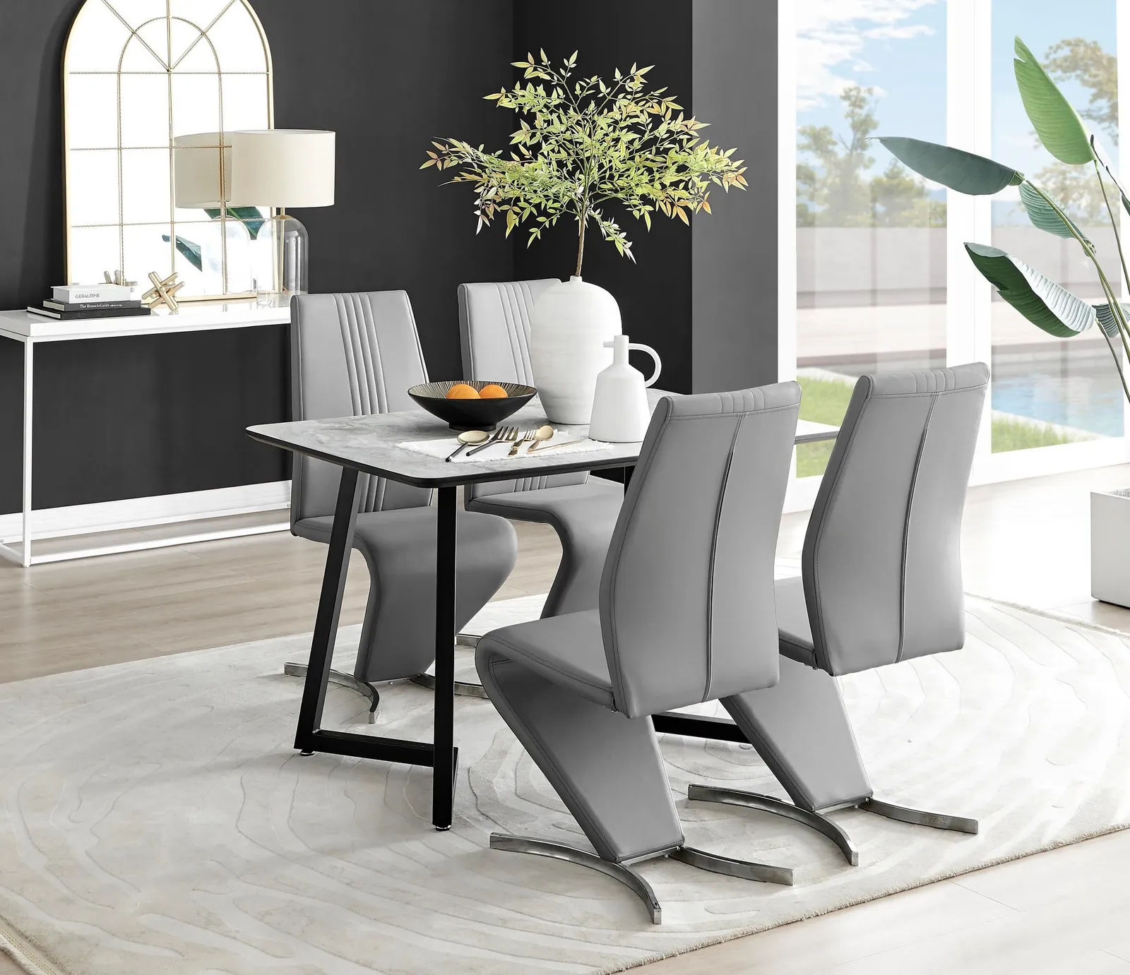 FurnitureboxUK Carson White Marble Effect Dining Table & 4 Willow Chairs in Grey 1