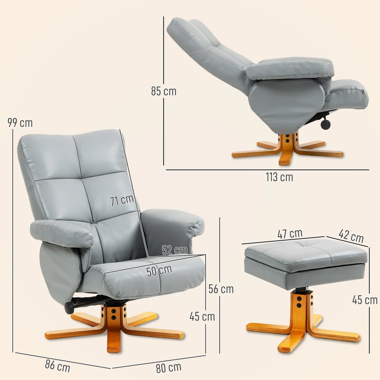 HOMCOM Recliner Chair & Footstool PU Leather Wooden Base, Light Grey 3