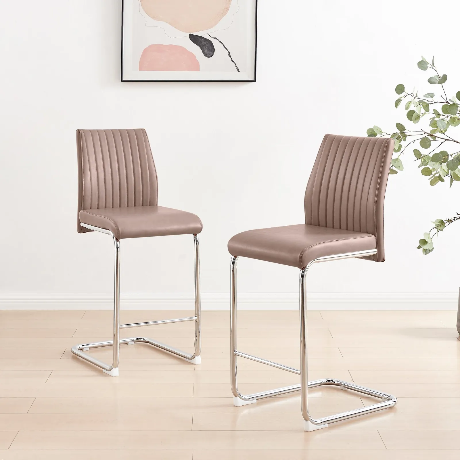 FurnitureboxUK Lorenzo 2x Faux Leather & Silver Counter Stools in Beige 2