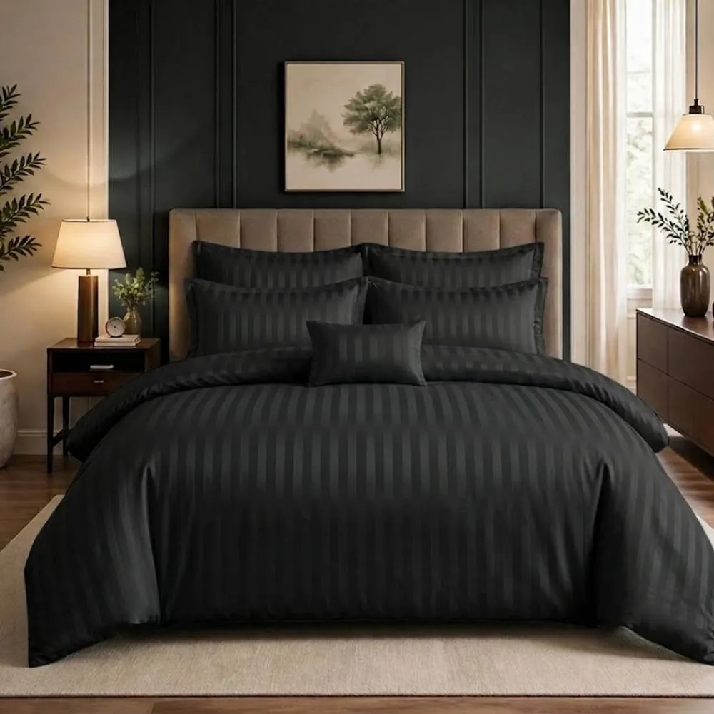 Pamposh Luxury Embossed Stripes Duvet Cover Set in Black