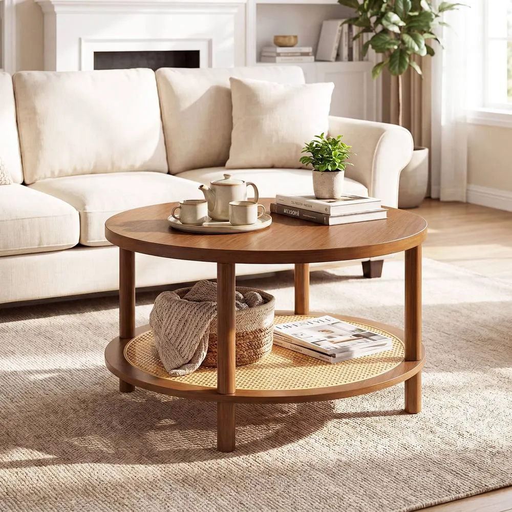 Costway Rattan Coffee Table 2-Tier Round Center Table with Wood Veneered Top in Brown 4