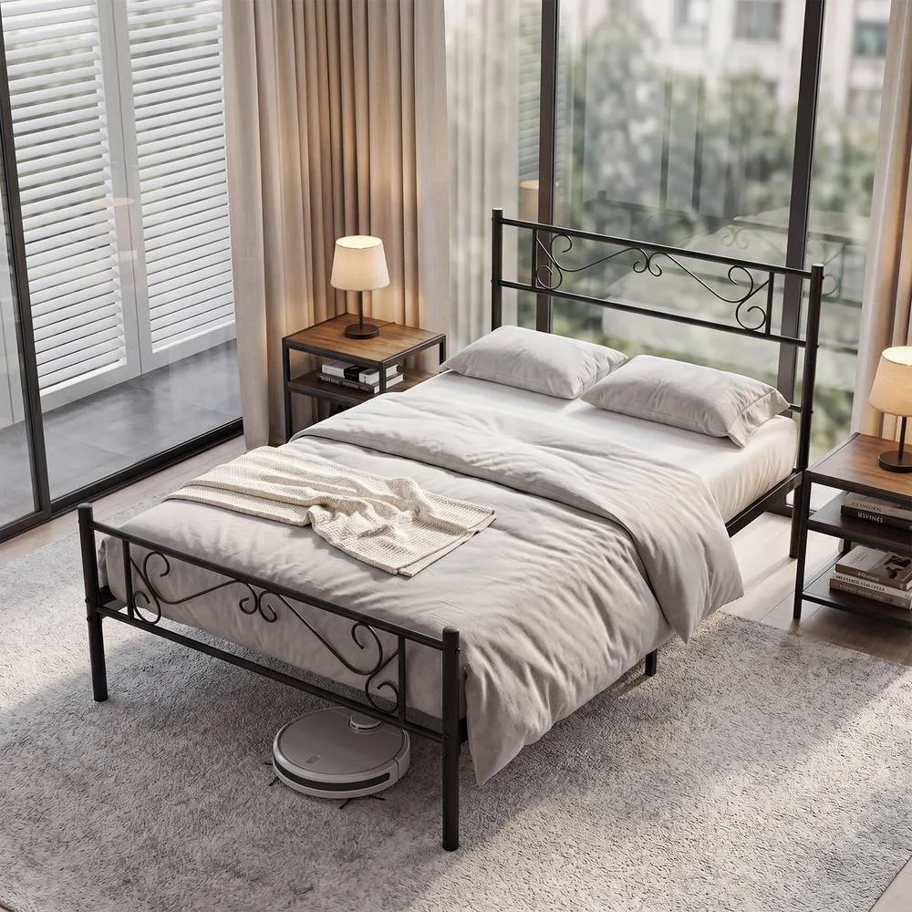 Costway Single Size Metal Bed Frame with Floral Headboard & Footboard in Black 3