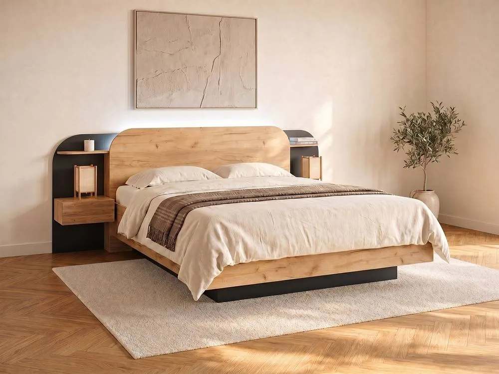 Vente-unique Bed With Bedside Tables 160 X 200 Cm - With Leds - Colours: Natural in Black 3
