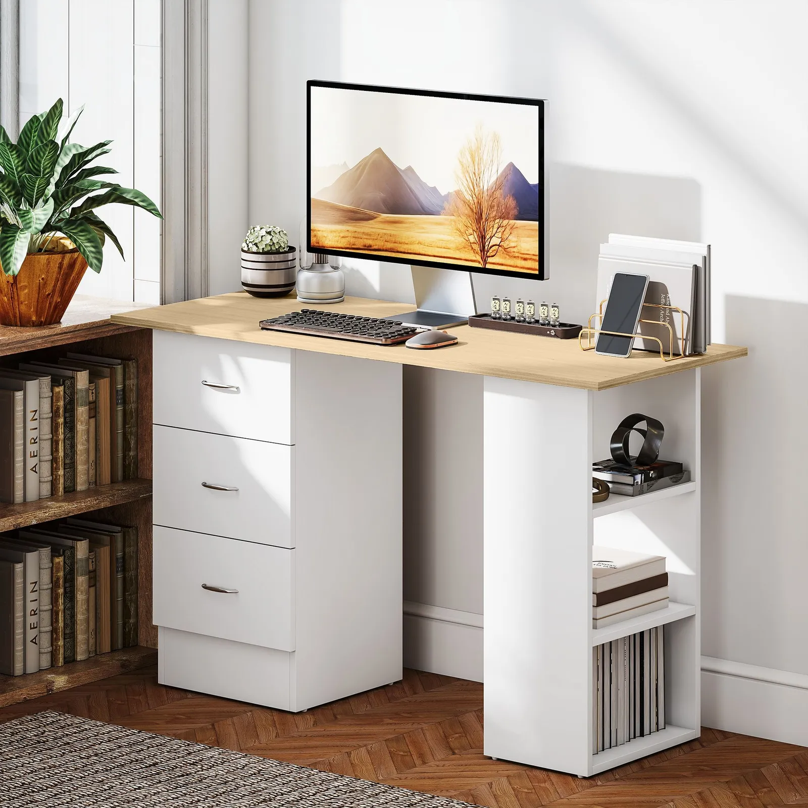 HOMCOM 120cm Computer Desk, Study Table with 3 Shelf & Drawers in Natural