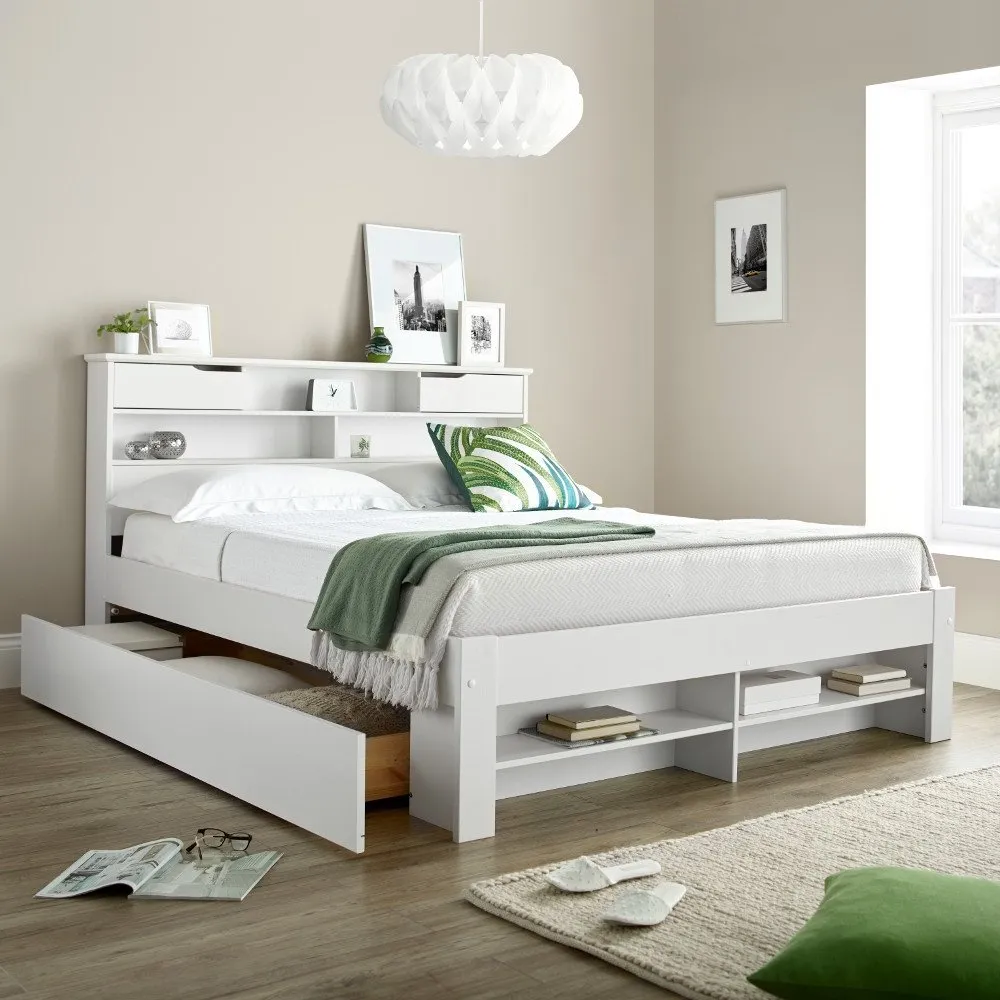 Fabio - King Size - Bookcase Bed - 2 Storage Drawers - White - Wood - 5ft - Happy Beds 1
