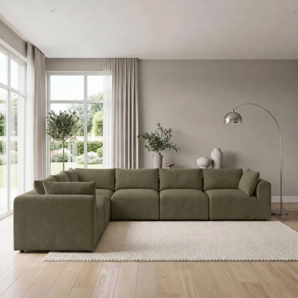FurnitureboxUK Drift Boucle Fabric 5 Seater L-Shaped Modular Corner Sofa in Green 3