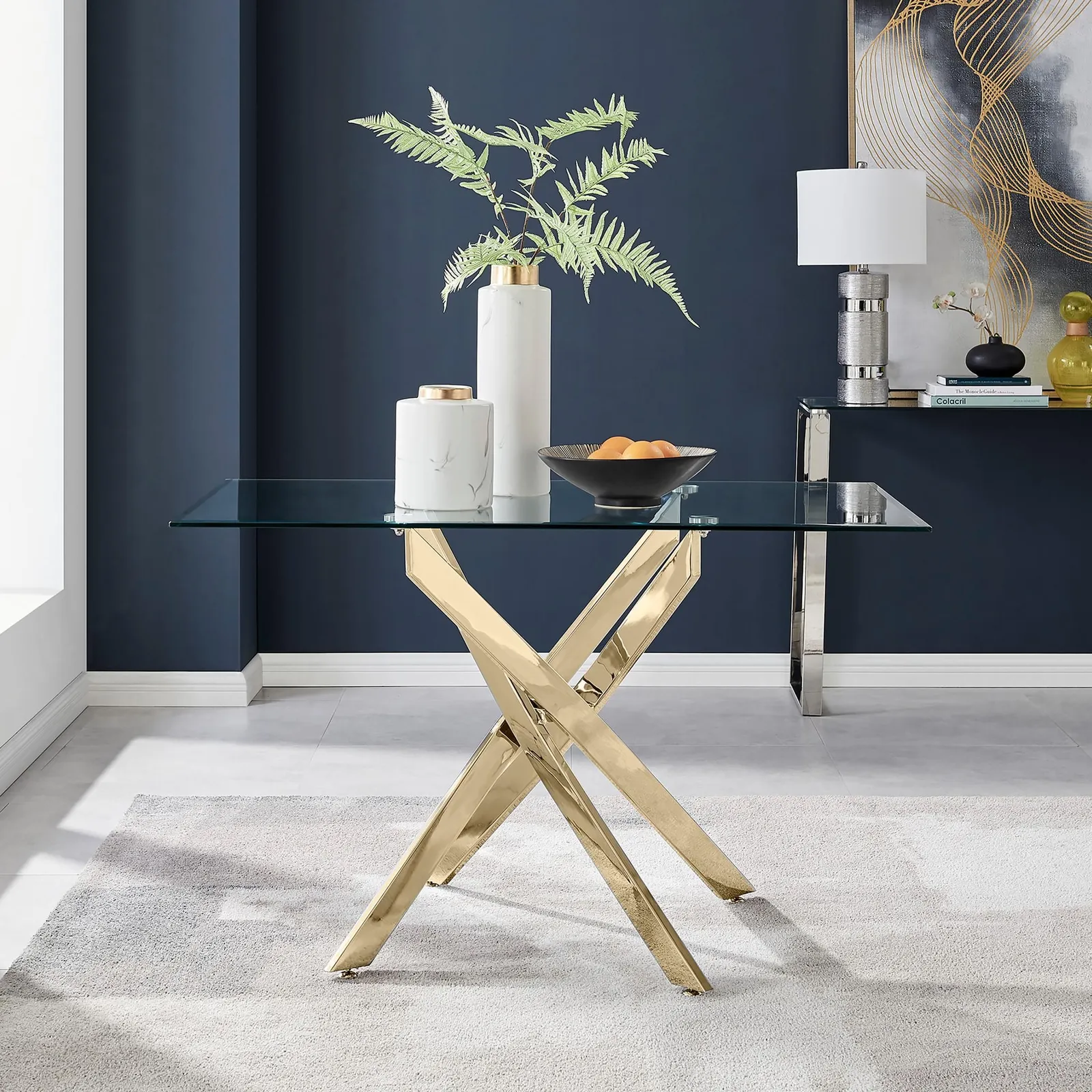 FurnitureboxUK Leonardo 120cm 4-Seater Glass & Chrome Metal Starburst Dining Table in Gold 1