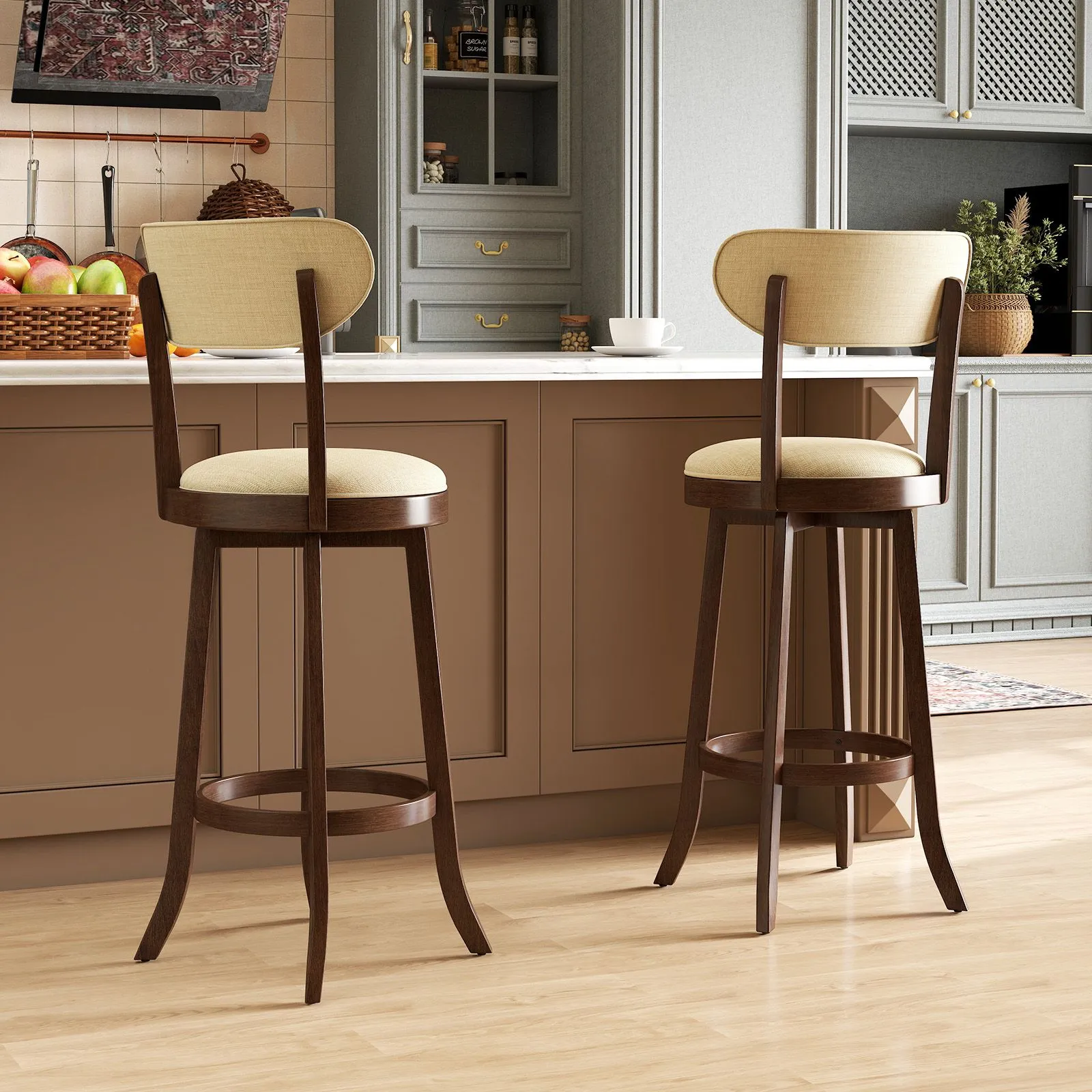 Costway 77CM Counter Height Chairs Set of 2 Swivel High Stool in Beige 3