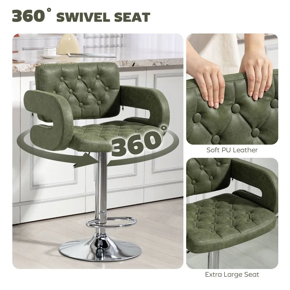 HOMCOM Adjustable Height Barstool Steel Pole PU Leather Bistro in Green 6