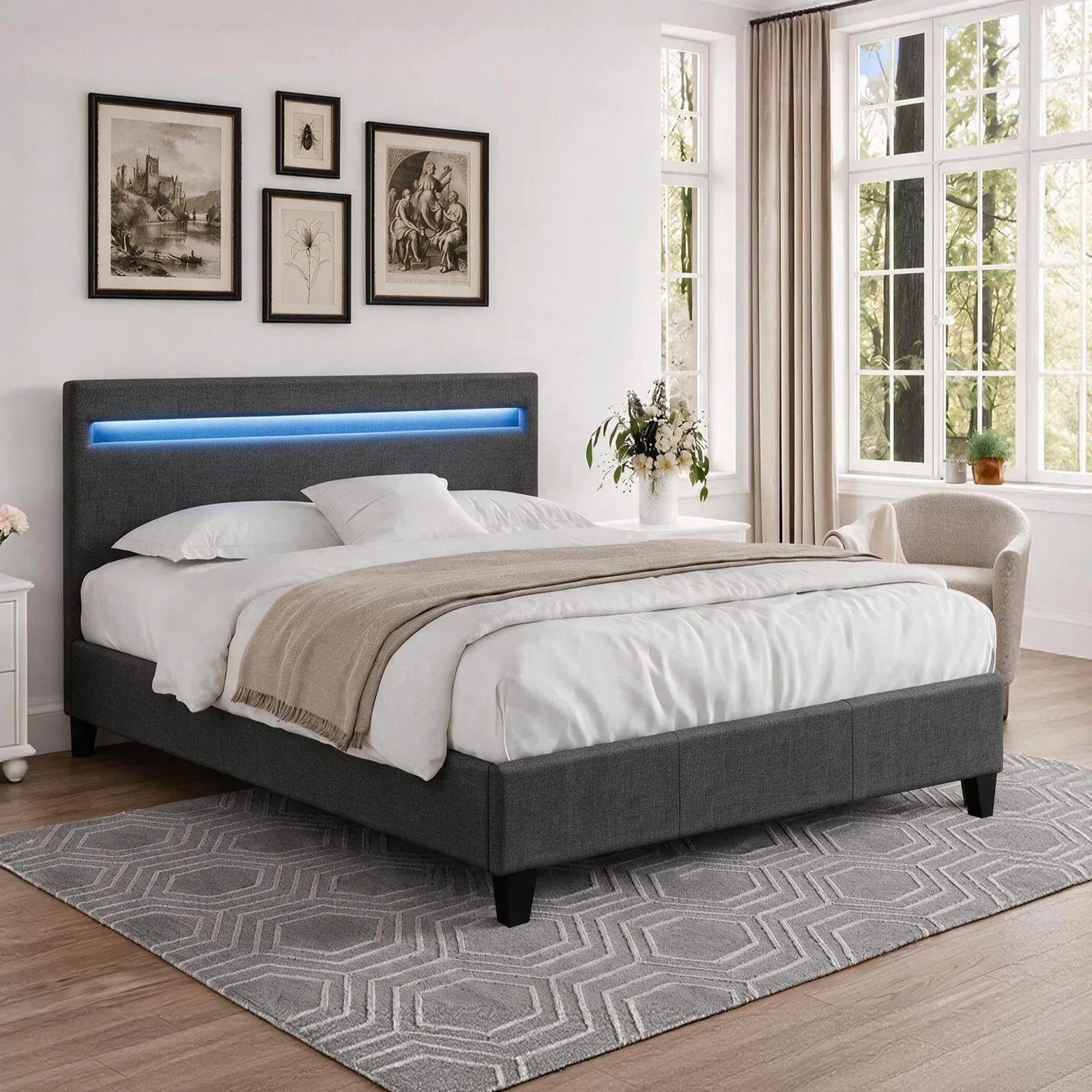 Comfy Living Ltd Modern Hopsack Fabric Upholstered Bedframe With LED Strip in Dark Grey 3