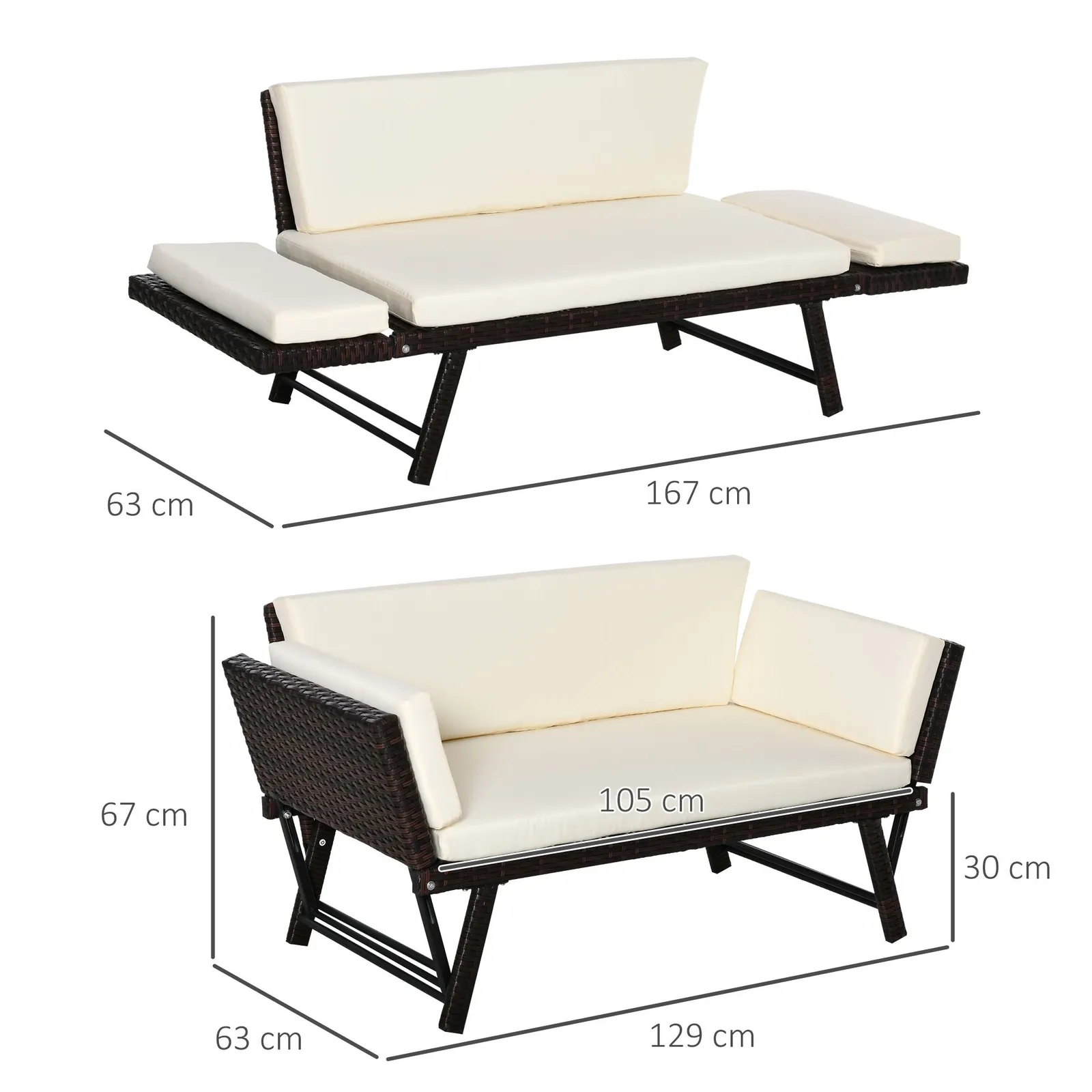 OUTSUNNY 2 in 1Rattan Folding Chaise Lounger w/ Cushion for Garden in Brown 3
