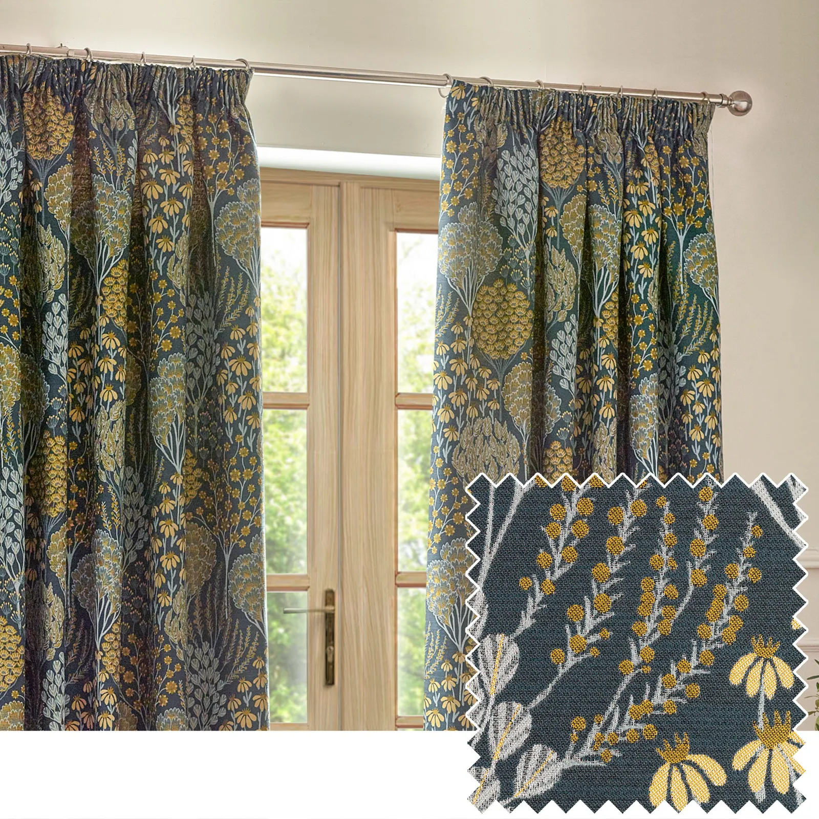 Wylder Ophelia Floral Room Darkening Pencil Pleat Curtain Pair in Blue