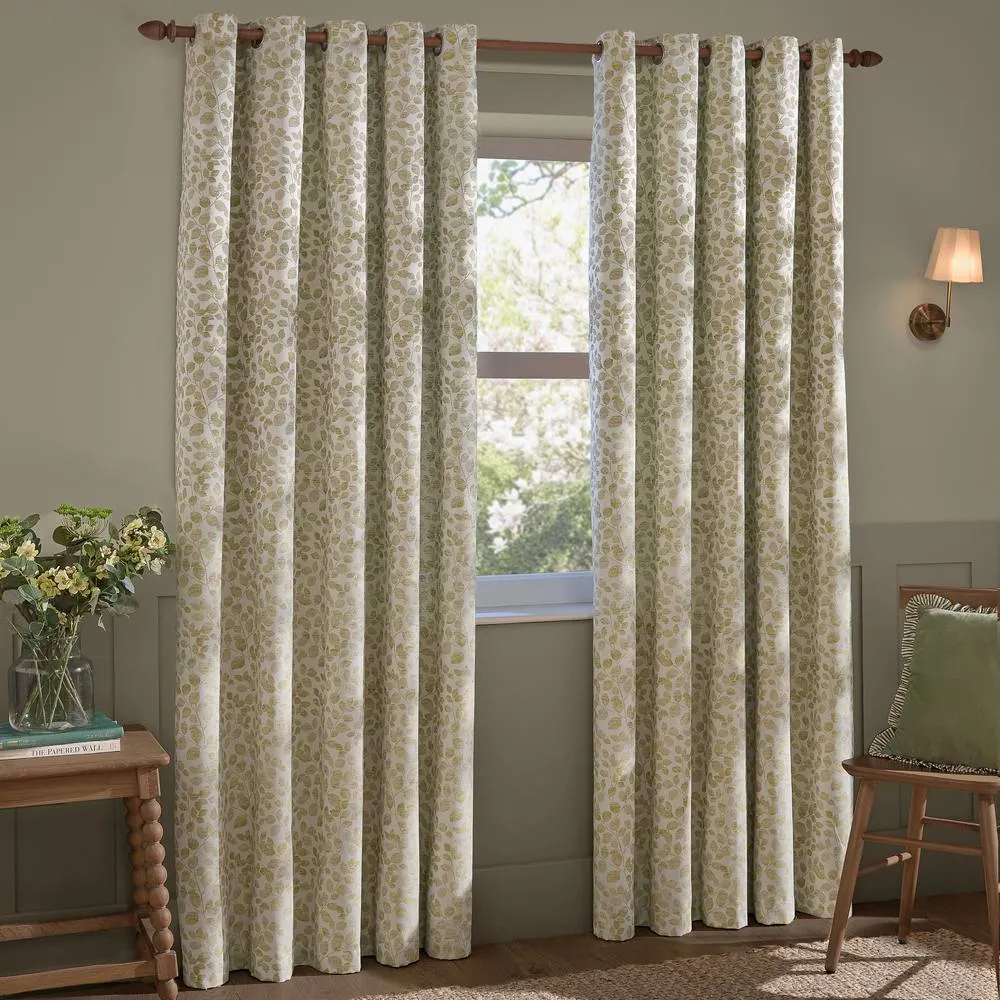 Wylder Grace Leaf Jacquard Fully Lined Eyelet Curtain Pair in Pale Green 2