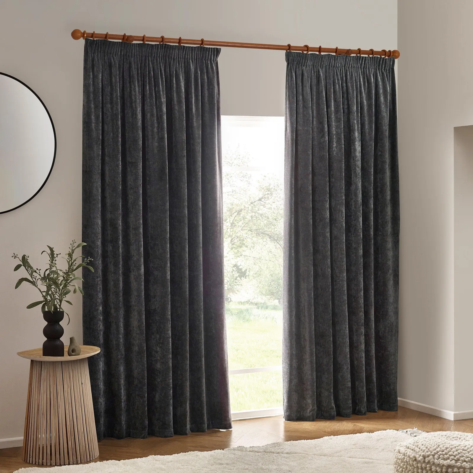Yard Heavy Chenille Velvet Room Darkening Pencil Pleat Curtain Pair in Charcoal 5