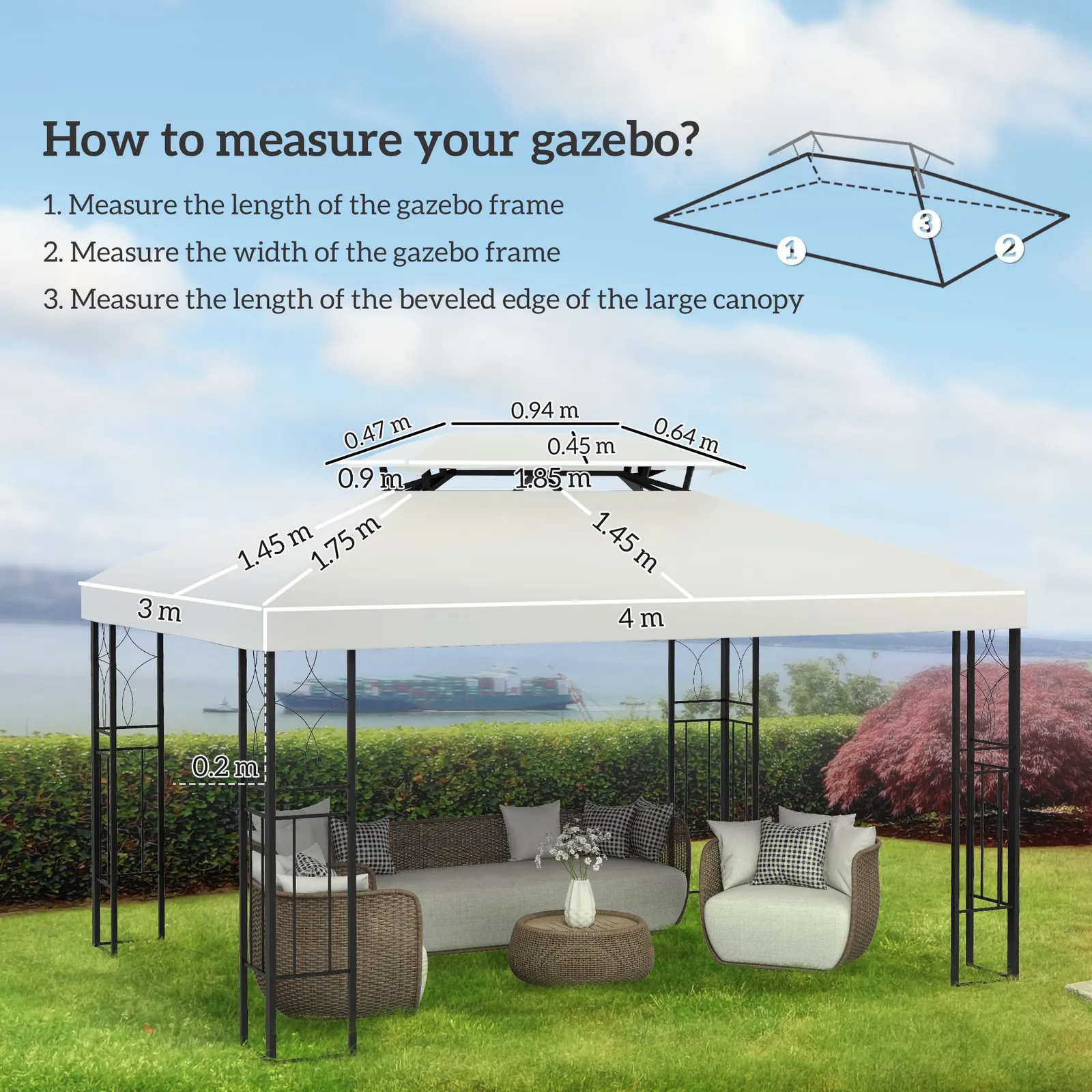 OUTSUNNY 3x4m Gazebo Replacement Roof Canopy 2 Tier Top UV Cover Patio in Cream 3