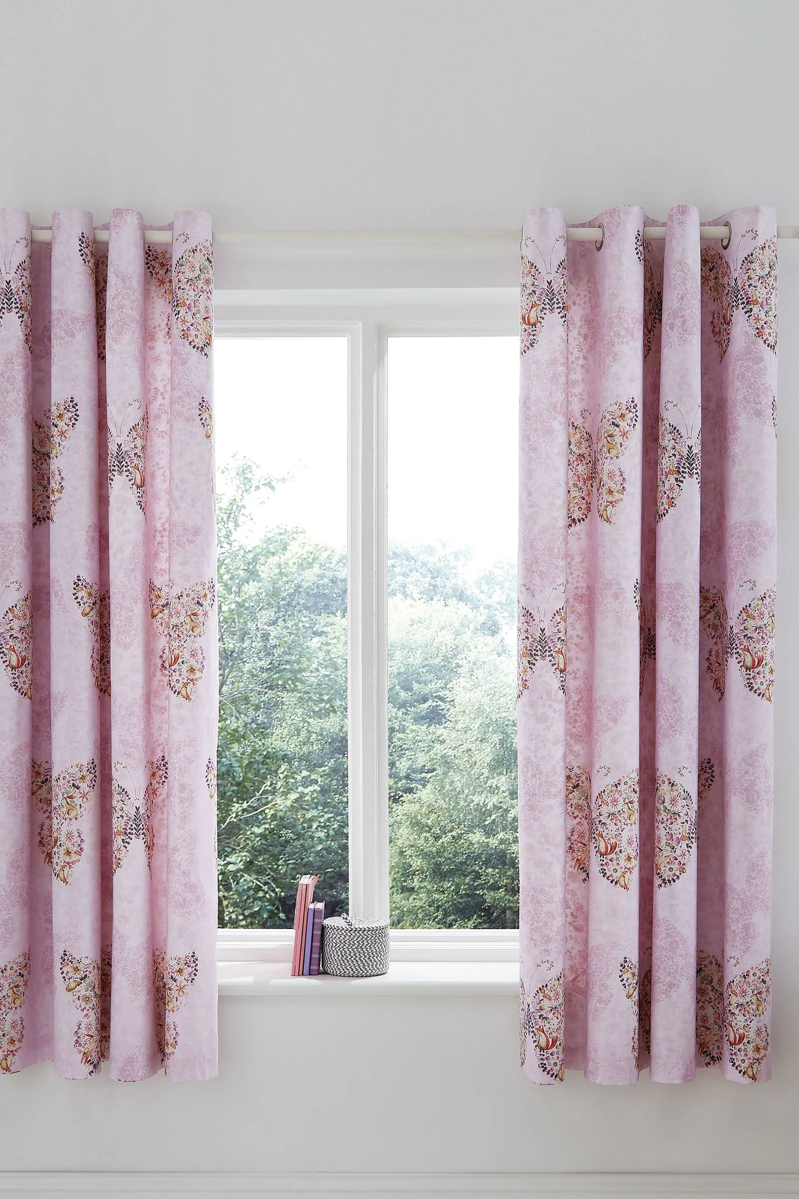 Catherine Lansfield 'Enchanted Butterfly' Reversible Eyelet Curtains in Pink 2