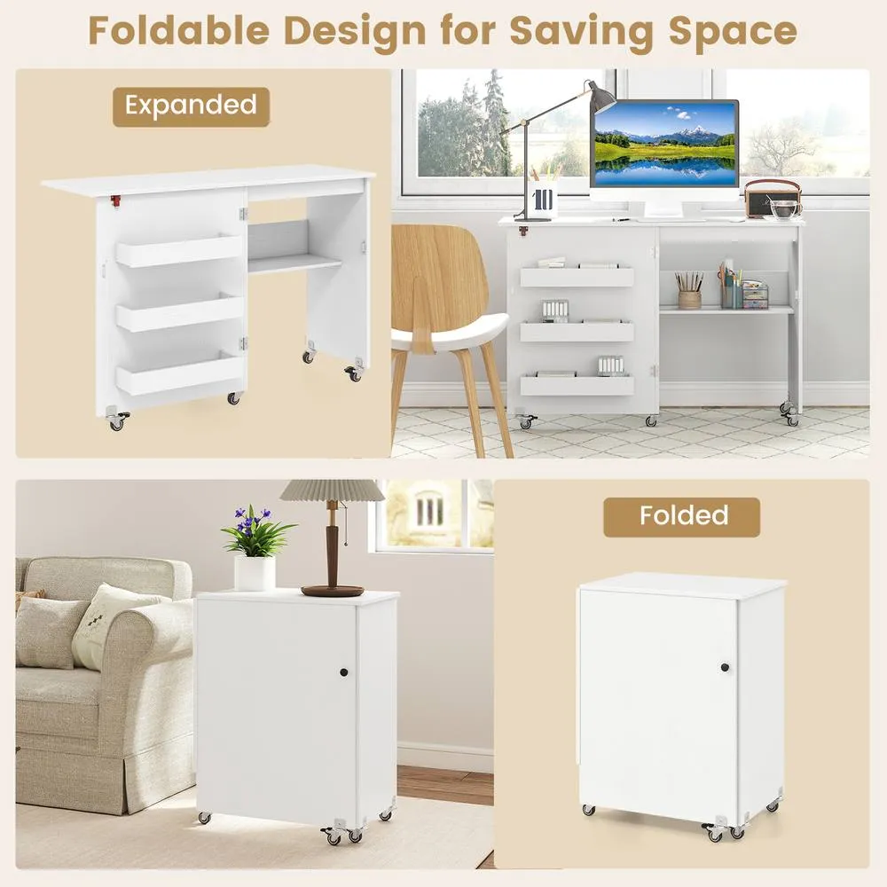 Costway Folding Sewing Table Mobile Sewing Machine Desk Rolling Craft Station in White 4