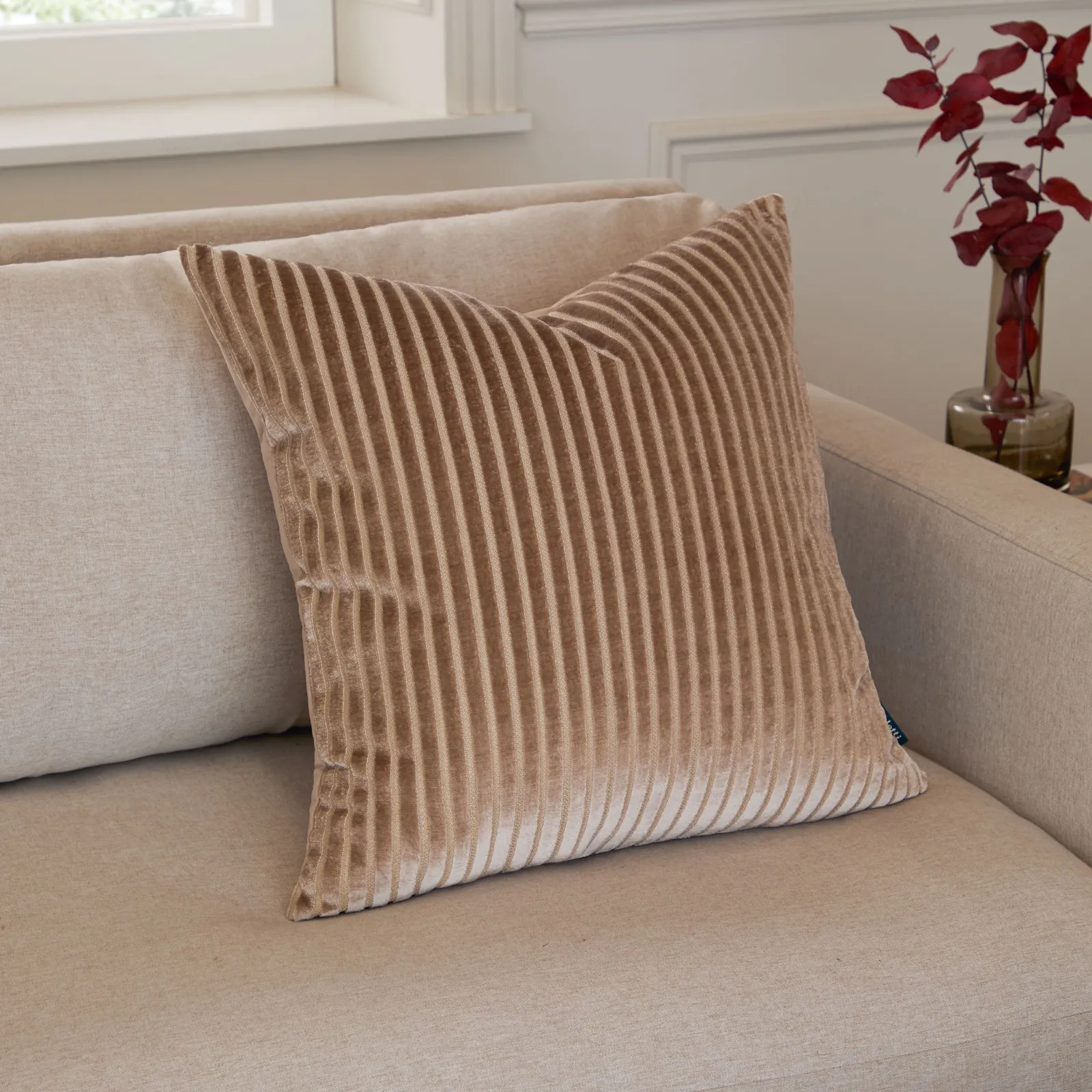 Paoletti Savoy Stripe Velvet Cushion in Beige 1