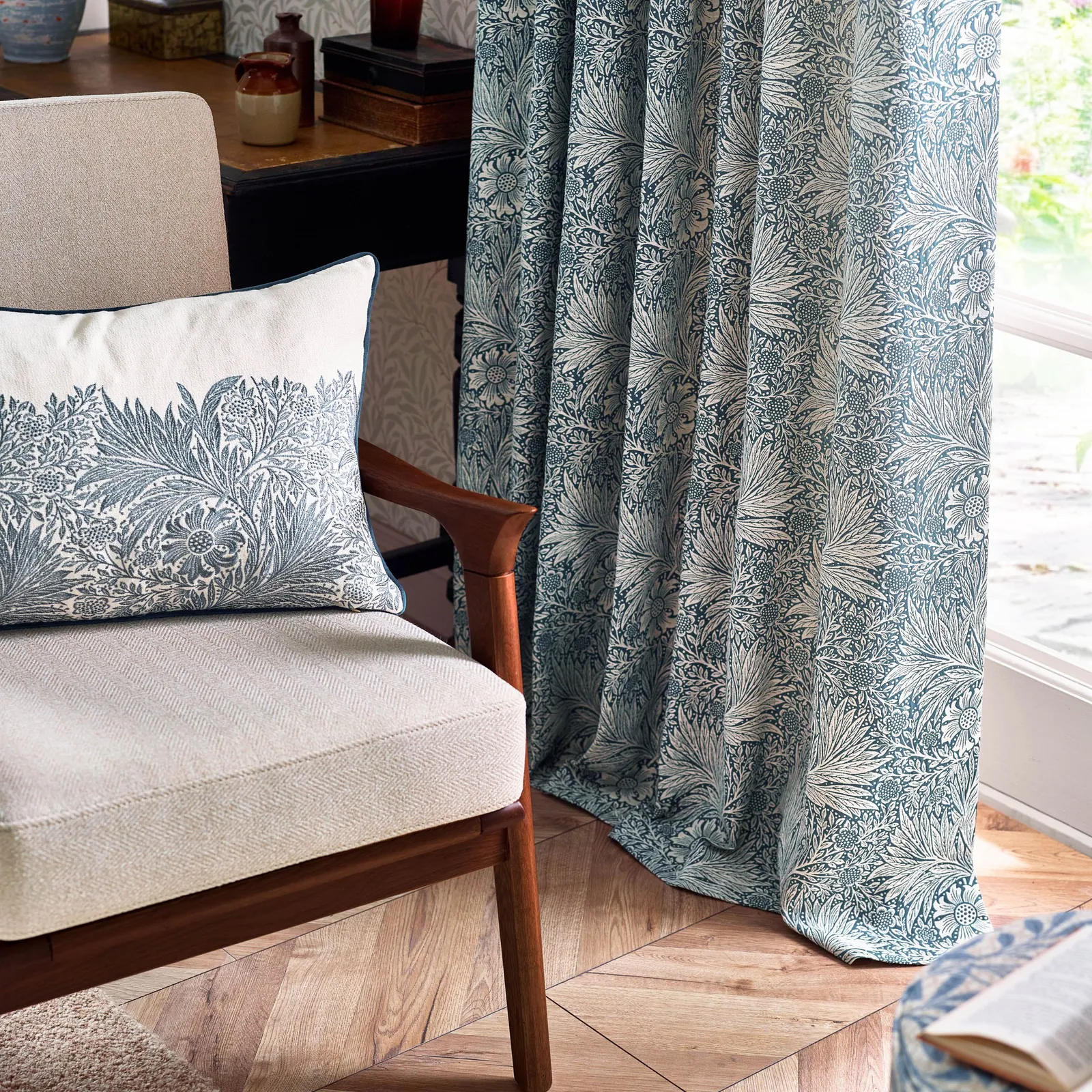 Morris & Co Marigold Jacquard Floral Room Darkening Pencil Pleat Curtains in Indigo 5